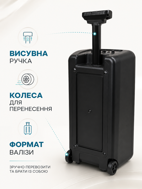 Портативна акустична система колонка валіза 2×8″ PMPO 1200 Вт з мікрофоном пультом Bluetooth FM USB LED чорна (49676163) - зображення 6