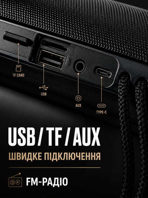 Портативная Bluetooth колонка акустическая система 10 Вт с LED-подсветкой FM радио USB AUX microSD PowerBank 17,9×7,3×7,3 см черная (49676166) - изображение 6