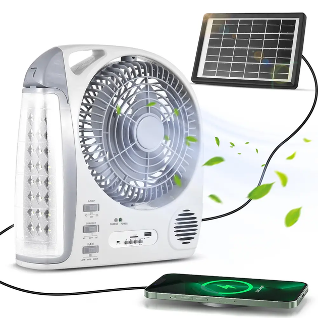 Вентилятор настольный аккумуляторный с LED-лампой FM-радио Bluetooth-колонкой солнечной панелью 5800 мАч 2 скорости (483957-Prob) Белый - Фото 4 Вентилятор настольный аккумуляторный с LED-лампой FM-радио Bluetooth-колонкой солнечной панелью 5800 мАч 2 скорости (483957-Prob) Белый - изображение 4