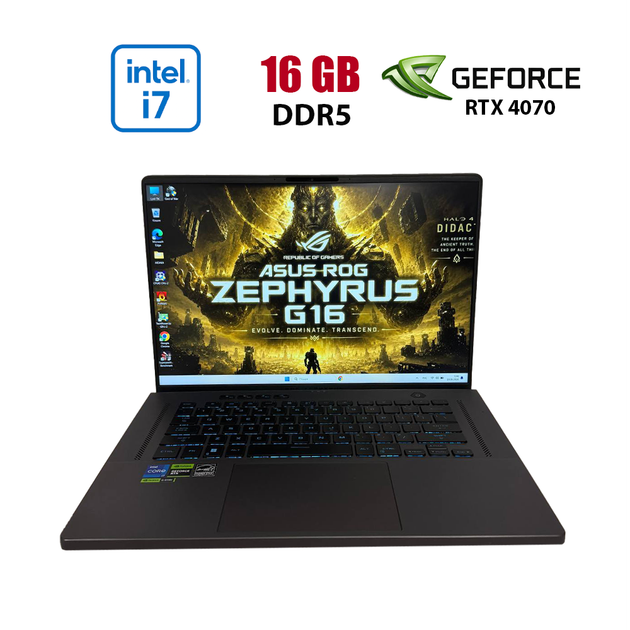 Игровой ноутбук Asus ROG Zephyrus G16 GU603VI / 15.6" (1920x1080) IPS / Intel Core i7-13620H (10 (16) ядер по 3.6 - 4.9 GHz) / 16 GB DDR5 / 512 GB SSD M.2 / nVidia GeForce RTX 4070, 8 GB GDDR6, 128-bit / WebCam б/у - Фото 1 Игровой ноутбук Asus ROG Zephyrus G16 GU603VI / 15.6" (1920x1080) IPS / Intel Core i7-13620H (10 (16) ядер по 3.6 - 4.9 GHz) / 16 GB DDR5 / 512 GB SSD M.2 / nVidia GeForce RTX 4070, 8 GB GDDR6, 128-bit / WebCam б/у - изображение 1