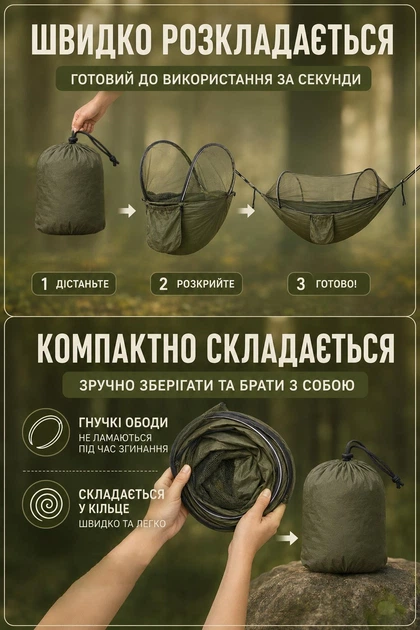 Походный гамак с антимоскитной сеткой от комаров (туристический, кемпинговый) Хаки - Фото 5 Походный гамак с антимоскитной сеткой от комаров (туристический, кемпинговый) Хаки - изображение 5