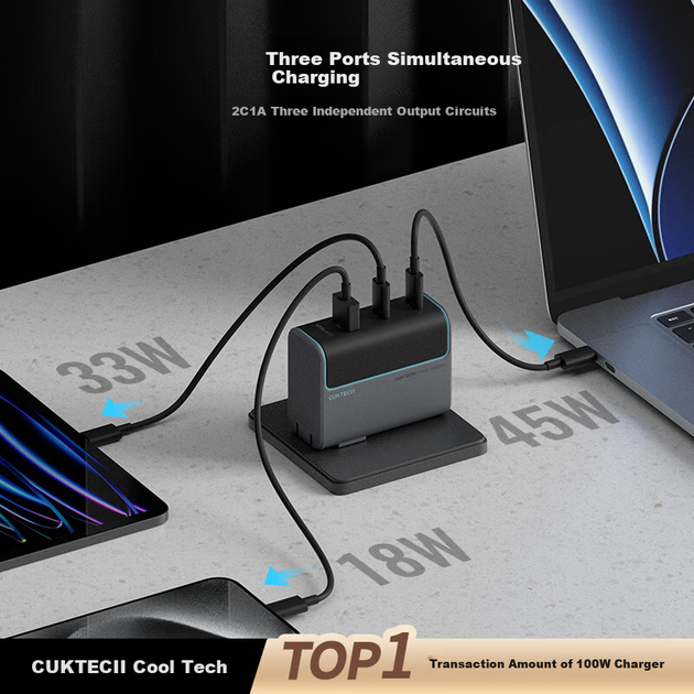 Зарядное устройство CUKTECH №10 GaN быстрое 120Вт 3 порта, для Apple/Xiaomi/Huawei/Honor - изображение 7