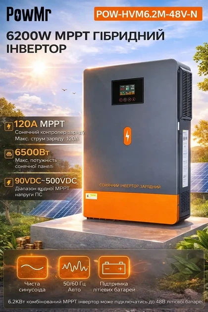 Готовий комплект резервного живлення PowMr 6.2kW 48V + акумулятор LiFePO4 48V 100Ah (чиста синусоїда, BMS) - Фото 2 Готовий комплект резервного живлення PowMr 6.2kW 48V + акумулятор LiFePO4 48V 100Ah (чиста синусоїда, BMS) - зображення 2