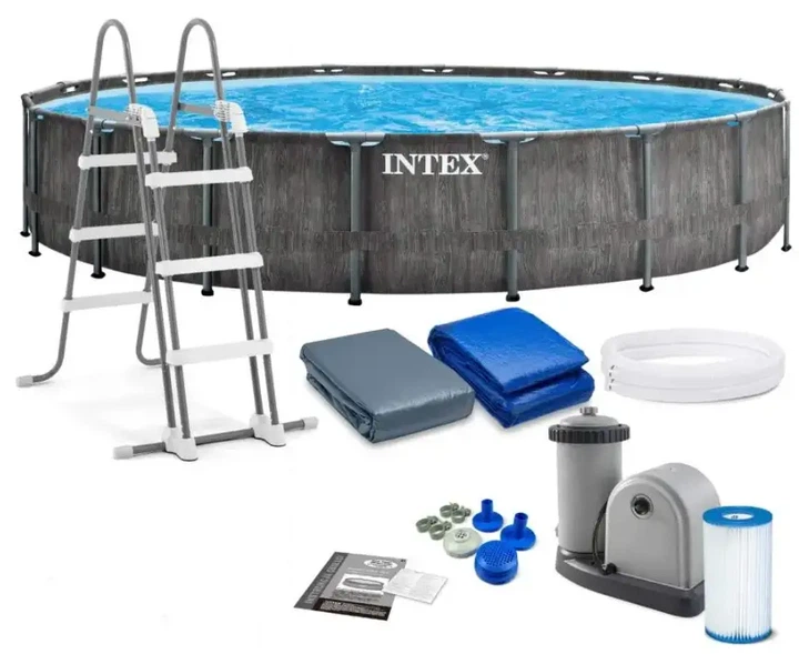 Каркасный бассейн Intex GreyWood Prism Frame Pool 549×122 см 24310 л круглый темно-серый с картриджным фильтр-насосом 5678 л/ч, стремянкой, подстилкой и тентом - изображение 2