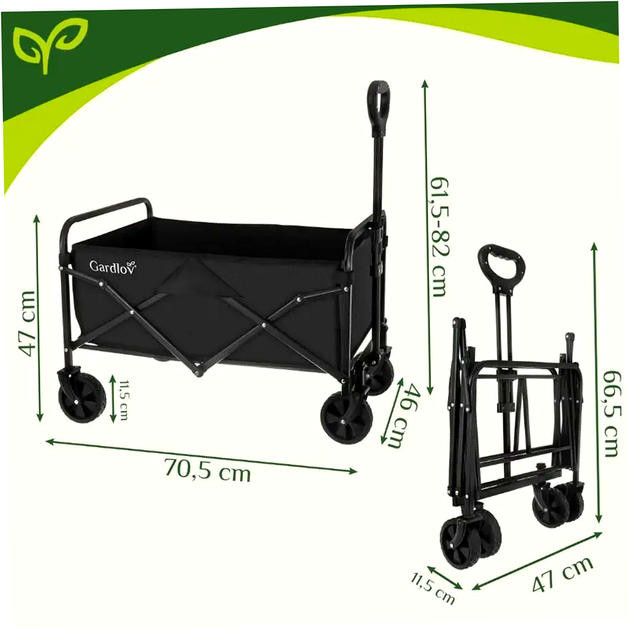 Складная садовая тележка 90 л 100 кг для дачи и кемпинга черный Gardlov HM-0563 - изображение 2