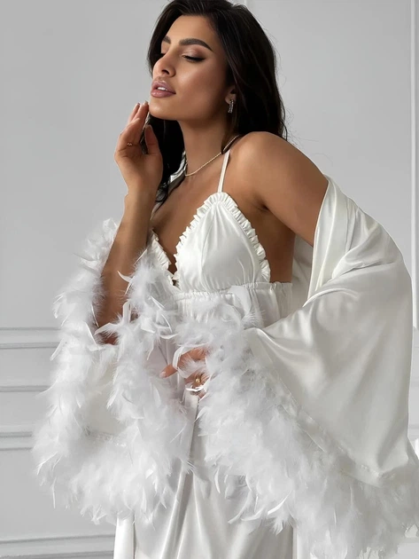 Атласный комплект пеньюар с халатом с объемными рукавами Swan L - Фото 2 Атласный комплект пеньюар с халатом с объемными рукавами Swan L - изображение 2