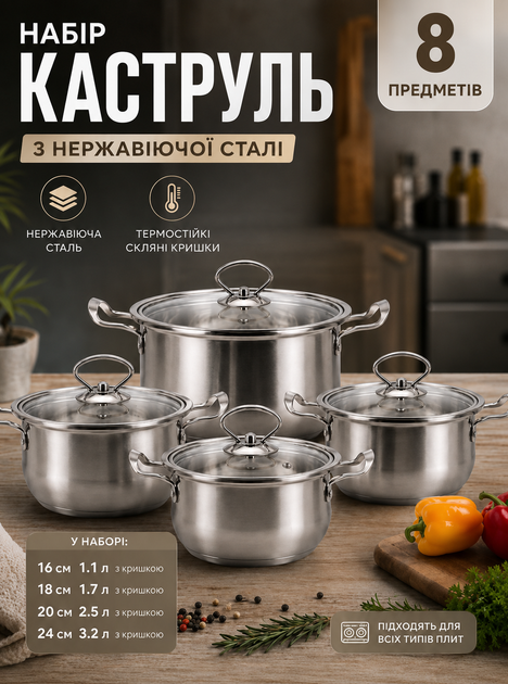 Кухонний набір каструль 8 предметів з нержавіючеї сталі та термостійкими скляними кришками для дому на кухню - Фото 1 Кухонний набір каструль 8 предметів з нержавіючеї сталі та термостійкими скляними кришками для дому на кухню - зображення 1