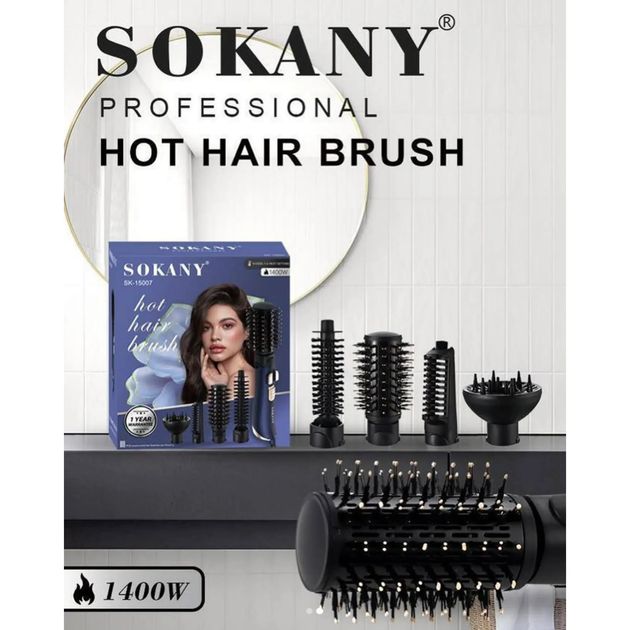 Фен-щітка для волосся Sokany SK-15007 1400 Вт з обертанням іонізацією та 4 насадками Blue - зображення 2