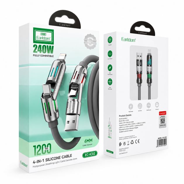 Кабель Earldom EC-IC02 4 в 1 USB-A/USB-C – USB-C/Lightning 240W 1.2 м - изображение 6