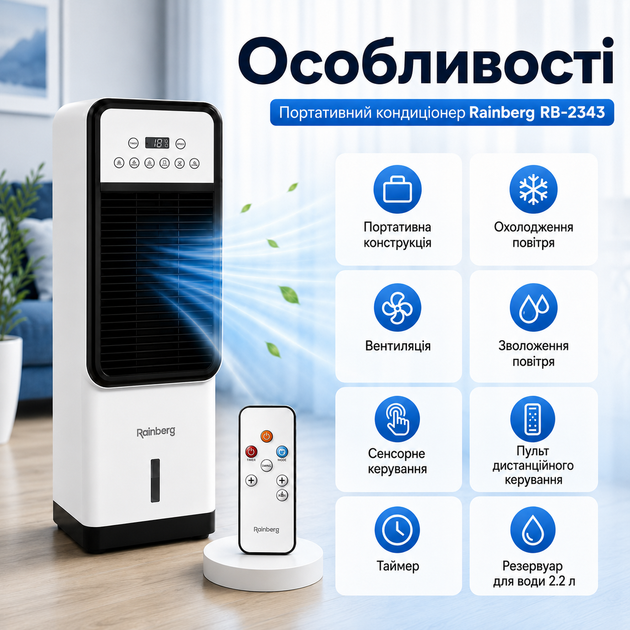 Портативный кондиционер Rainberg RB-2343 с функциями охлаждения, увлажнения и вентиляции воздуха, сенсорным управлением, пультом ДУ, резервуаром 2,2 л и 3 режимами работы для дома и офиса - изображение 5