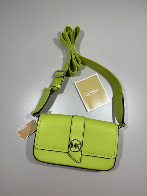 Жіноча шкіряна сумка Michael Kors XS EW Sling з срібним логотипом салатового кольору - Фото 1 Жіноча шкіряна сумка Michael Kors XS EW Sling з срібним логотипом салатового кольору - зображення 1