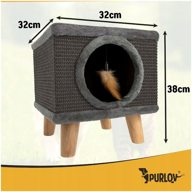 Когтеточка домик для кошек с лежанкой и игрушкой 38х32х32 см Purlov серый - изображение 5