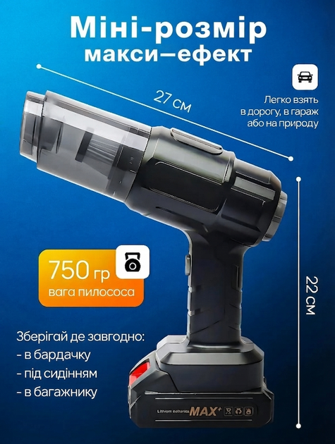 Автомобільний пилосос акумуляторний ручний Vacuum Cleaner 120W 5000 Па, бездротовий міні-пилосос для авто, дому та меблів, компактний автопилосос з HEPA-фільтром та 5 насадками - изображение 3