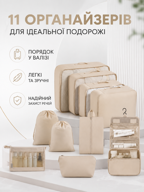 Набір дорожніх органайзерів для валізи 11 в 1 для одягу взуття білизни косметики речей подорожей бежевий (49676171) - зображення 2