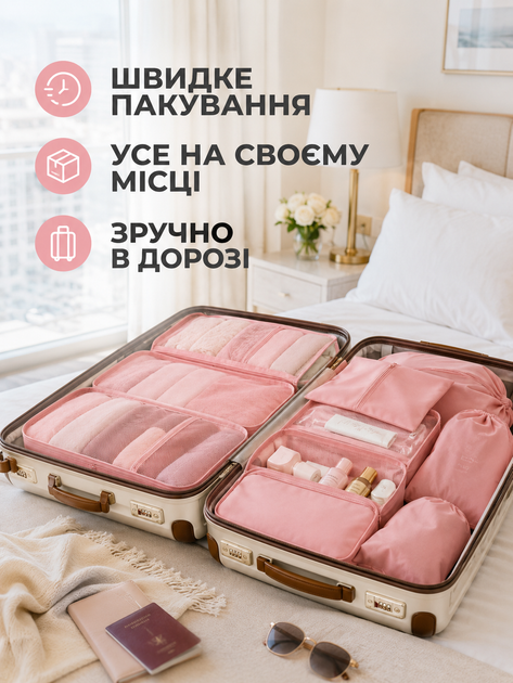 Набор дорожных органайзеров для чемодана 11 в 1 для одежды обуви белья косметики вещей путешествий розовый (49676172) - изображение 4