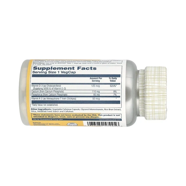 Витамины D3 5000 МЕ и К2 50 мкг, Vitamin D3+K2, Solaray, без сои, 120 капсул - Фото 3 Витамины D3 5000 МЕ и К2 50 мкг, Vitamin D3+K2, Solaray, без сои, 120 капсул - изображение 3