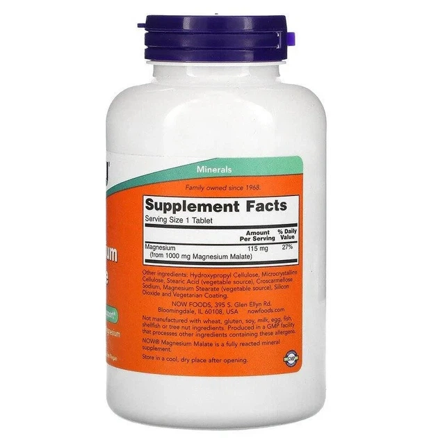 Малат магния "Magnesium Malate", Now Foods, 1000 мг, 180 таблеток - изображение 2
