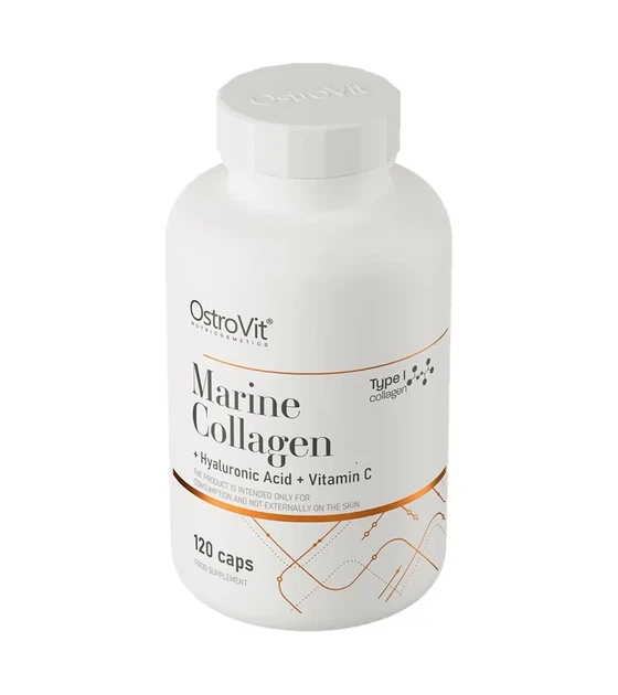 Коллаген морской с гиалуроновой кислотой Collagen Marine with Hyaluronic Acid and Vitamin C OstroVit 120 капсул - изображение 2