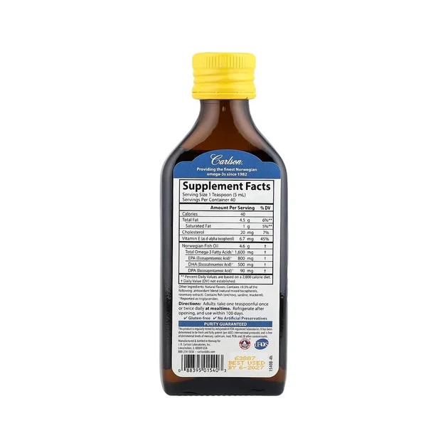 Рыбий жир The Very Finest со вкусом лимона, 1600 мг, Carlson Labs, 200 мл - изображение 2