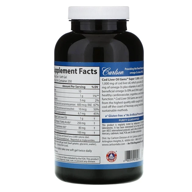 Рыбий жир с витамином А и D3 Cod Liver Oil Super With D3 wild norwegian 1000 мг, Carlson Labs, 250 капсул - изображение 2