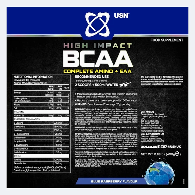 BCAA Complete Amino + EAA USN, блакитна малина, 400 г - зображення 2