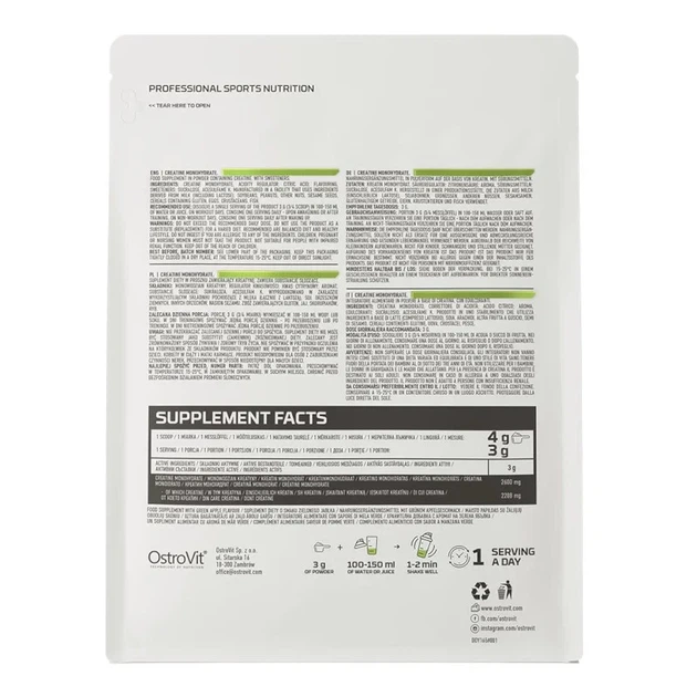 Креатин моногидрат зеленое яблоко OstroVit (Creatine Monohydrate green apple) 300 г - изображение 3