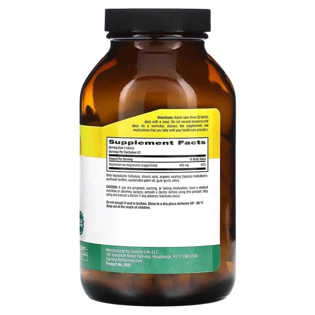 Магний глицинат Chelated Magnesium Glycinate Country Life 400 мг 180 таблеток - изображение 2