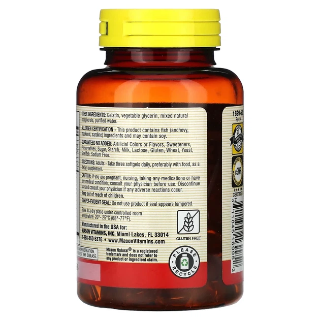 Омега 3-6-9, масло рыбы, льна и огуречника, Omega 3-6-9 1,200 mg Fish, Flax & Borage Oils, Mason Natural, 60 капсул - изображение 3