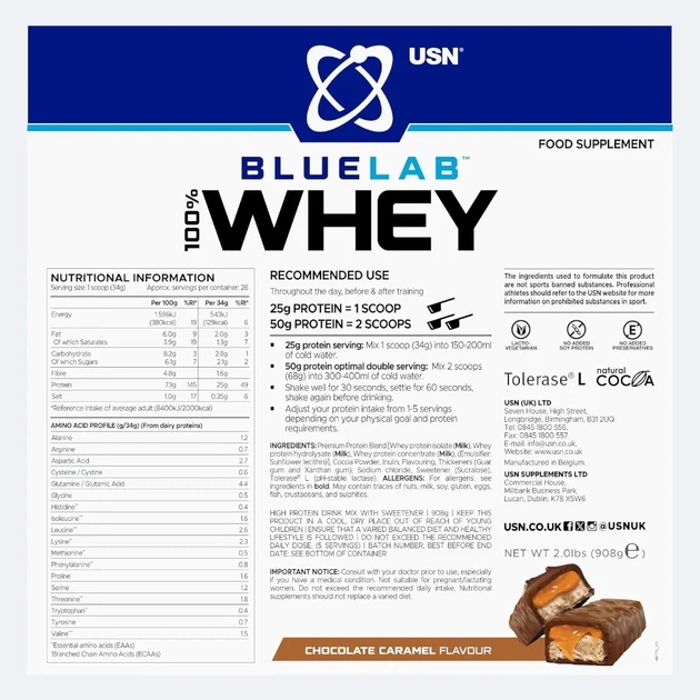 Сироватковий протеїн Blue Lab 100% Whey Premium Protein USN, карамель-шоколад, 476 г - зображення 2