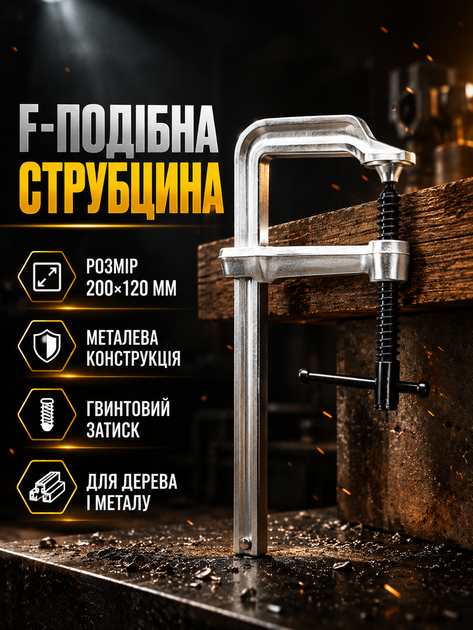 Струбцина F-образная винтовая 200×120 мм металлическая для фиксации дерева и металла LS-447 - Фото 1 Струбцина F-образная винтовая 200×120 мм металлическая для фиксации дерева и металла LS-447 - изображение 1