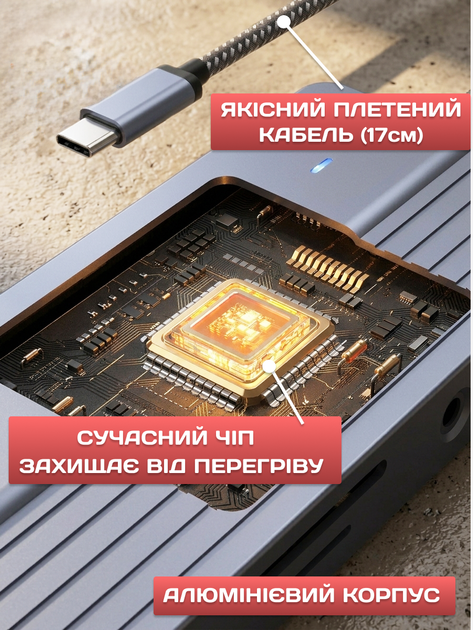 USB HUB 10в1 юсб хаб для ПК та ноутбука - перехідник розгалужувач концентратор для флешек TYPE-C | PD 3.0 | TF | SD | RJ45 | HDTV 4K - зображення 7