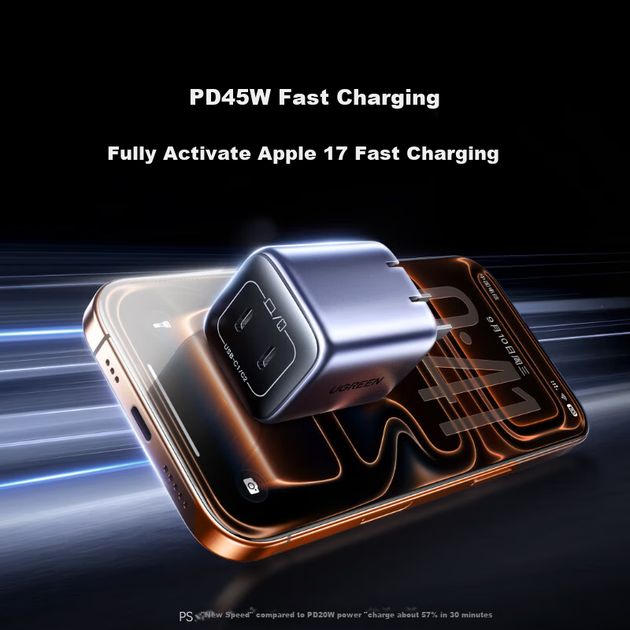Зарядное устройство UGREEN 45W GaN для iPhone 17/16/ProMax, PD Type-C - изображение 4