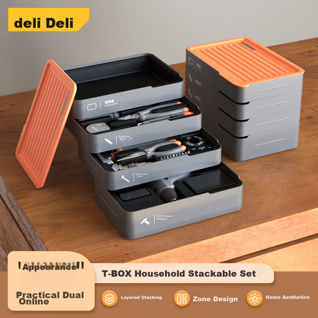 Набор инструментов Deli Household Hardware Toolbox, 4-ярусный, включает в себя электродрель, гаечные ключи, рулетку, отвертки, комбинированный набор инструментов. - изображение 5