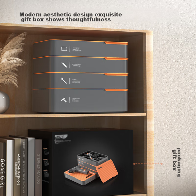 Набор инструментов Deli Household Hardware Toolbox, 4-ярусный, включает в себя электродрель, гаечные ключи, рулетку, отвертки, комбинированный набор инструментов. - изображение 9