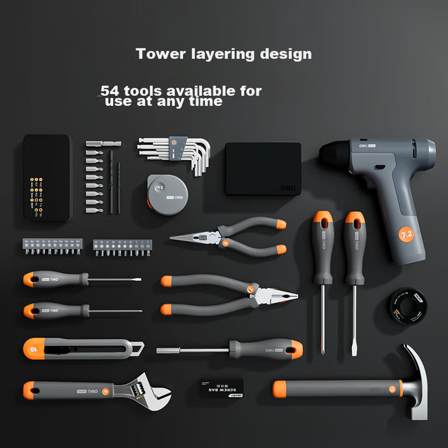 Набор инструментов Deli Household Hardware Toolbox, 4-ярусный, включает в себя электродрель, гаечные ключи, рулетку, отвертки, комбинированный набор инструментов. - изображение 10