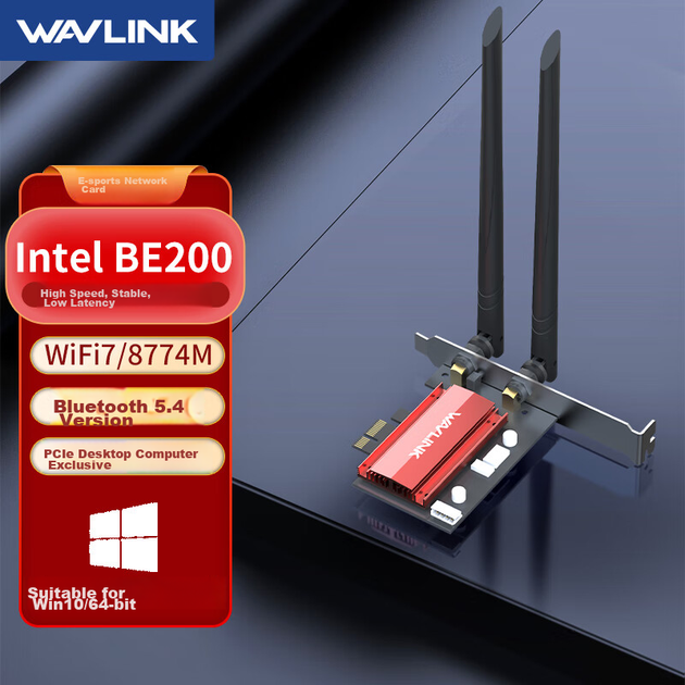 Wavlink Intel BE200 Беспроводная сетевая карта WiFi 7 Gigabit для игр, высокоскоростной настольный WiFi-приемник и передатчик, встроенная сетевая карта PCI-E, Bluetooth 5.4 BE3-B - изображение 4