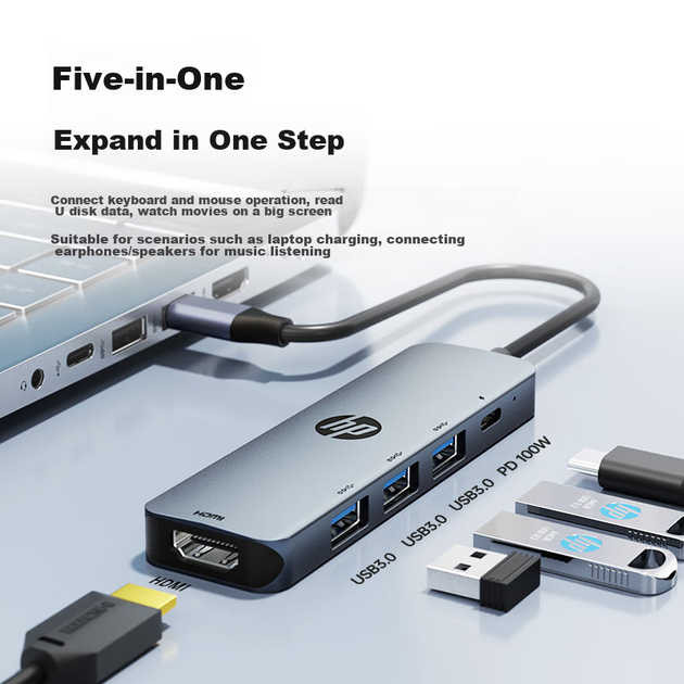 Док-станція розширення HP, швидка зарядка Type-C PD100W, розширення USB, дублювання екрана HDMI, 5-дюймова док-станція розширення Type-C, док-станція розширення MacBook, адаптер для комп'ютера Apple - зображення 5