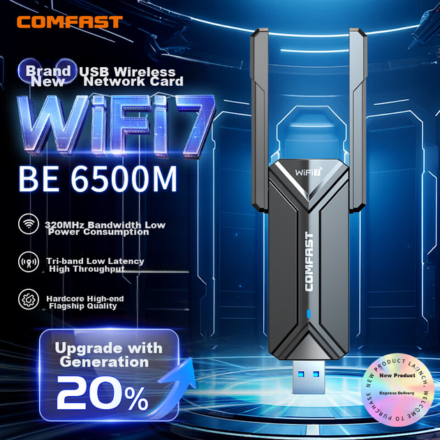 COMFAST CF-983BE, ігровий бездротовий мережевий адаптер WiFi 7 Gigabit з штекером та USB, тридіапазонна бездротова мережева карта 5G зі швидкістю 6500 Мбіт/с, для настільних та портативних комп'ютерів, приймач WiFi - Фото 4 COMFAST CF-983BE, ігровий бездротовий мережевий адаптер WiFi 7 Gigabit з штекером та USB, тридіапазонна бездротова мережева карта 5G зі швидкістю 6500 Мбіт/с, для настільних та портативних комп'ютерів, приймач WiFi - изображение 4