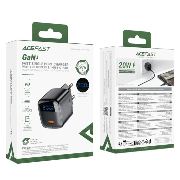 Сетевое зарядное устройство AceFast A113 PD20W GaN с LED-дисплеем (Type-C, QC4, PD3.0). Black - изображение 9