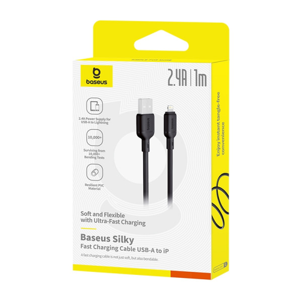 Кабель USB-A Lightning Baseus Silky Series 2.4A, 1 м, чорний - Фото 1 Кабель USB-A Lightning Baseus Silky Series 2.4A, 1 м, чорний - зображення 1