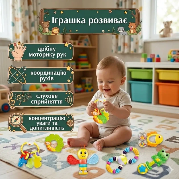 Набор детских развивающих погремушек-прорезывателей Baby Toys 6 шт. в розовой сумочке - Фото 3 Набор детских развивающих погремушек-прорезывателей Baby Toys 6 шт. в розовой сумочке - изображение 3