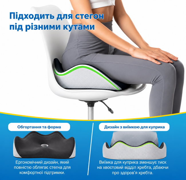 Ортопедична подушка для сидіння на офісний стілець для куприка та спини авто крісла водія в машину анатомічна ергономічна сидушка під попу гіпоалергенна піна з ефектом пам'яті від геморою на крісло для дома (MNL822) - зображення 2