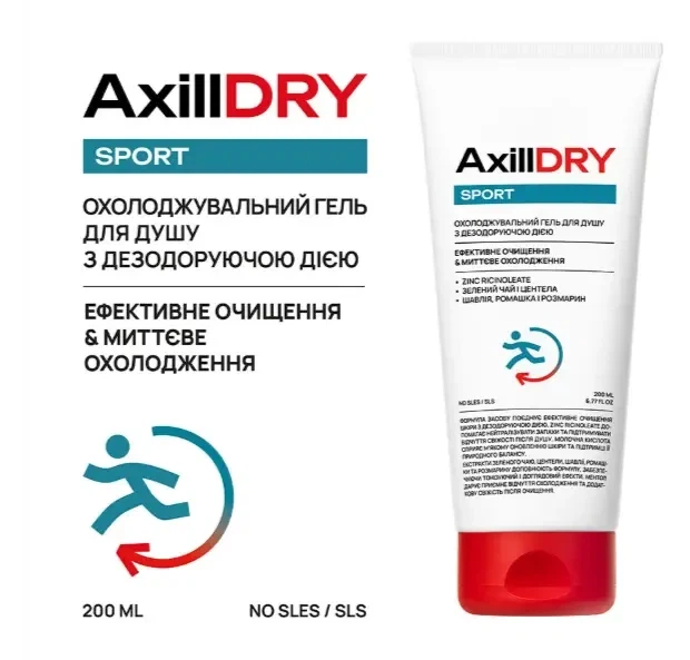 Охлаждающий гель для душа с дезодорирующим действием AxillDRY Sport 200 мл - изображение 2