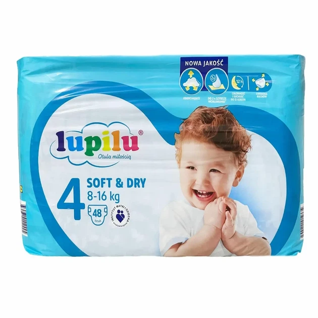 Підгузки памперси Lupilu Soft & Dry Розмір 4 (8- 16 кг) 48 шт - Фото 1 Підгузки памперси Lupilu Soft & Dry Розмір 4 (8- 16 кг) 48 шт - изображение 1
