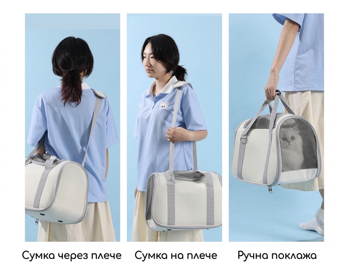 Дорожная переноска для кота и собак малых пород с ремнем (до 6 кг) - Серый - изображение 5
