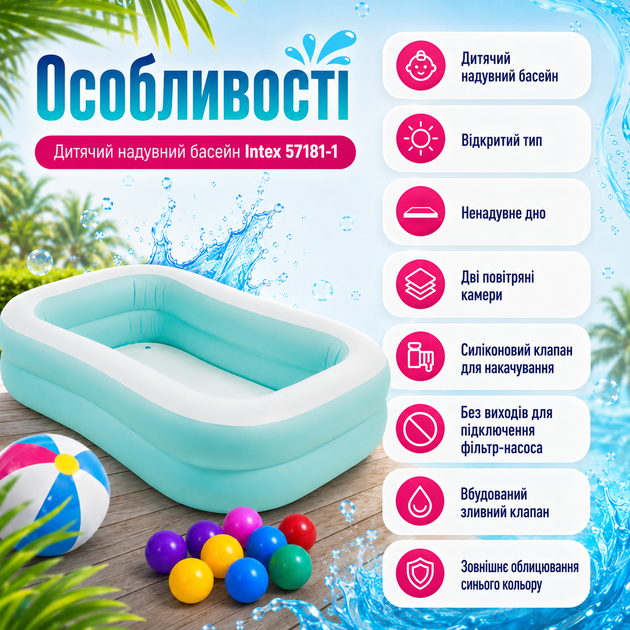Детский надувной бассейн Intex 57181-1 прямоугольный 229 × 147 × 48 см с двумя воздушными камерами, ненадувным дном, сливным клапаном и 10 игровыми шариками - изображение 4