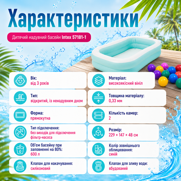 Детский надувной бассейн Intex 57181-1 прямоугольный 229 × 147 × 48 см с двумя воздушными камерами, ненадувным дном, сливным клапаном и 10 игровыми шариками - изображение 5
