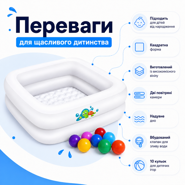 Детский надувной бассейн Bestway 51116-1 белый с игровыми шариками, квадратная модель для малышей с надувным дном, виниловая чаша 86×86×25 см, объем 84 л - изображение 3