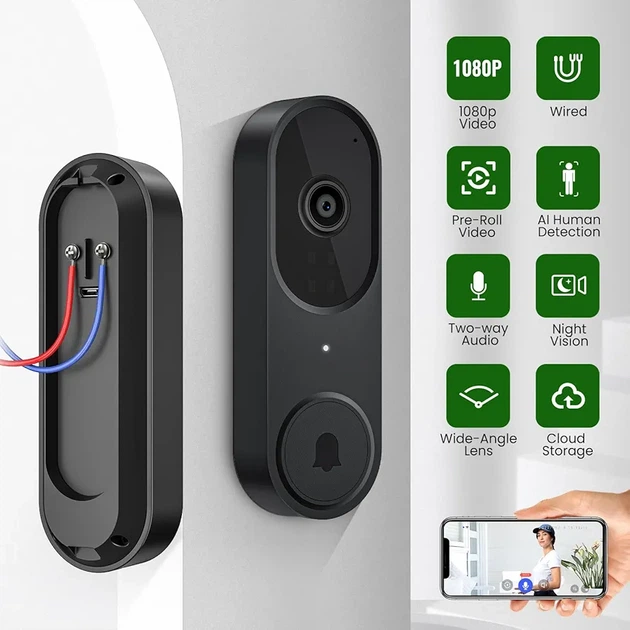 Розумний відеодзвінок Wi-Fi 1080P з камерою та дзвінком, AI виявлення людини, нічне бачення, двосторонній аудіозв'язок, чорний - зображення 2