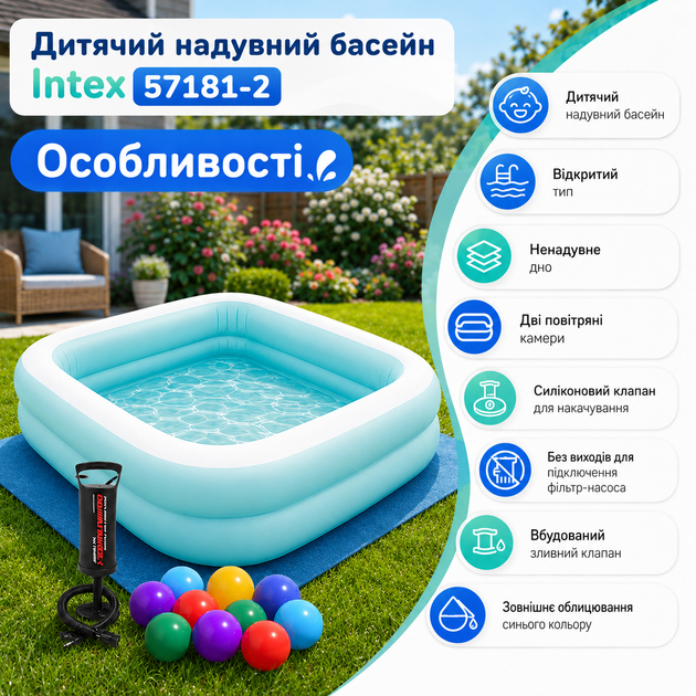 Детский надувной бассейн Intex 57181-2 прямоугольный 229 × 147 × 48 см с двумя воздушными камерами, ненадувным дном, защитной подстилкой, ручным насосом и 10 игровыми шариками - изображение 5